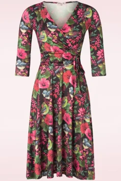 Aria Floral Bird Print Swing Jurk In Zwart