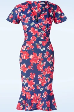 Katie Floral Pencil Jurk In Marineblauw En Rood