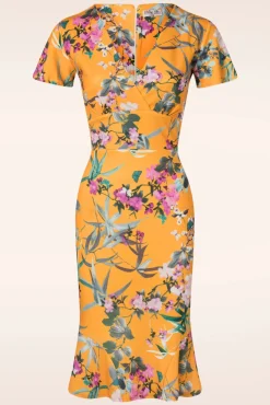 Katie Tropical Pencil Jurk In Mosterd
