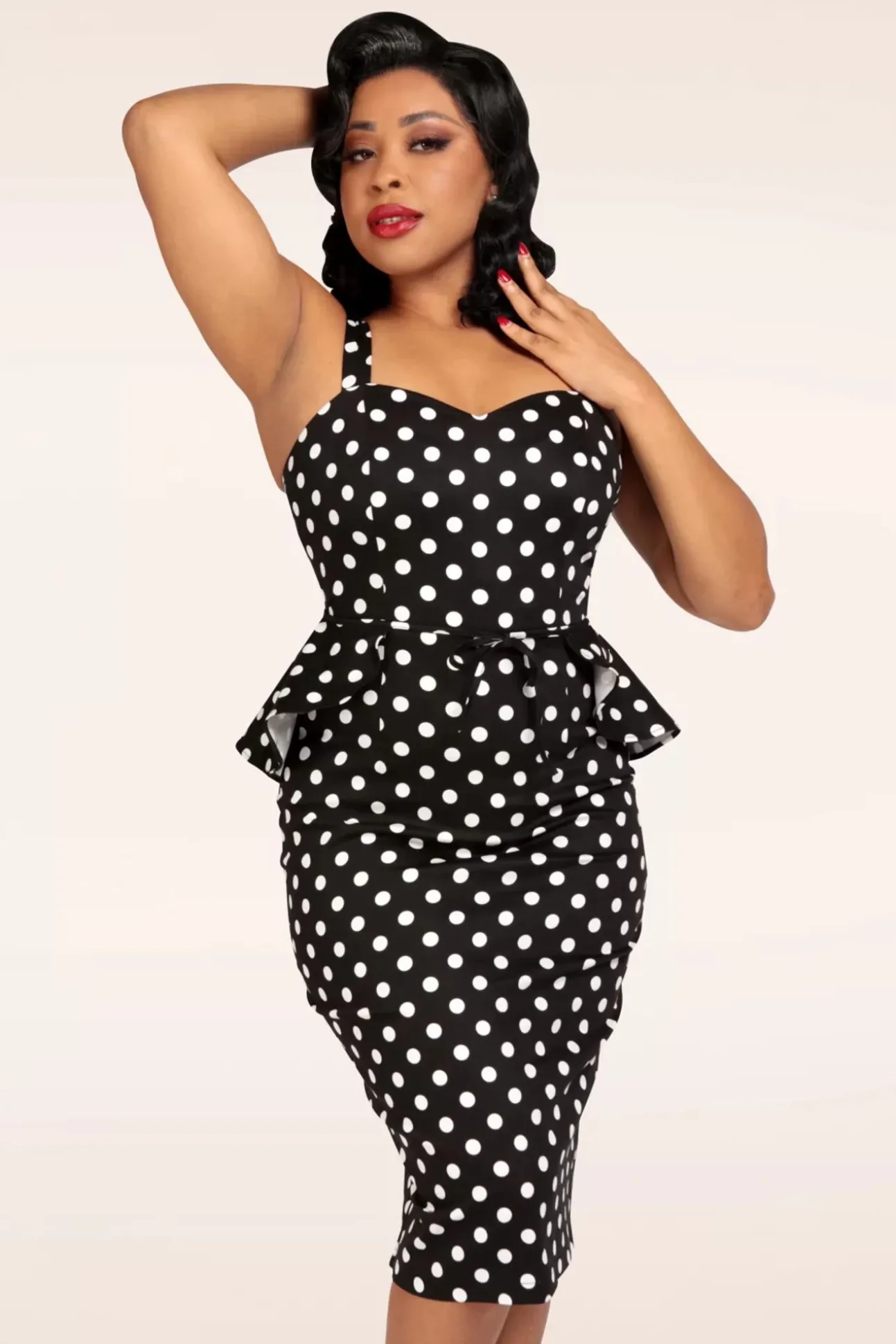 Lilla Polka Peplum Pencil Jurk In Zwart