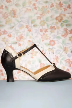 Luxe Parisienne T-Strap Pumps In Zwart En Creme