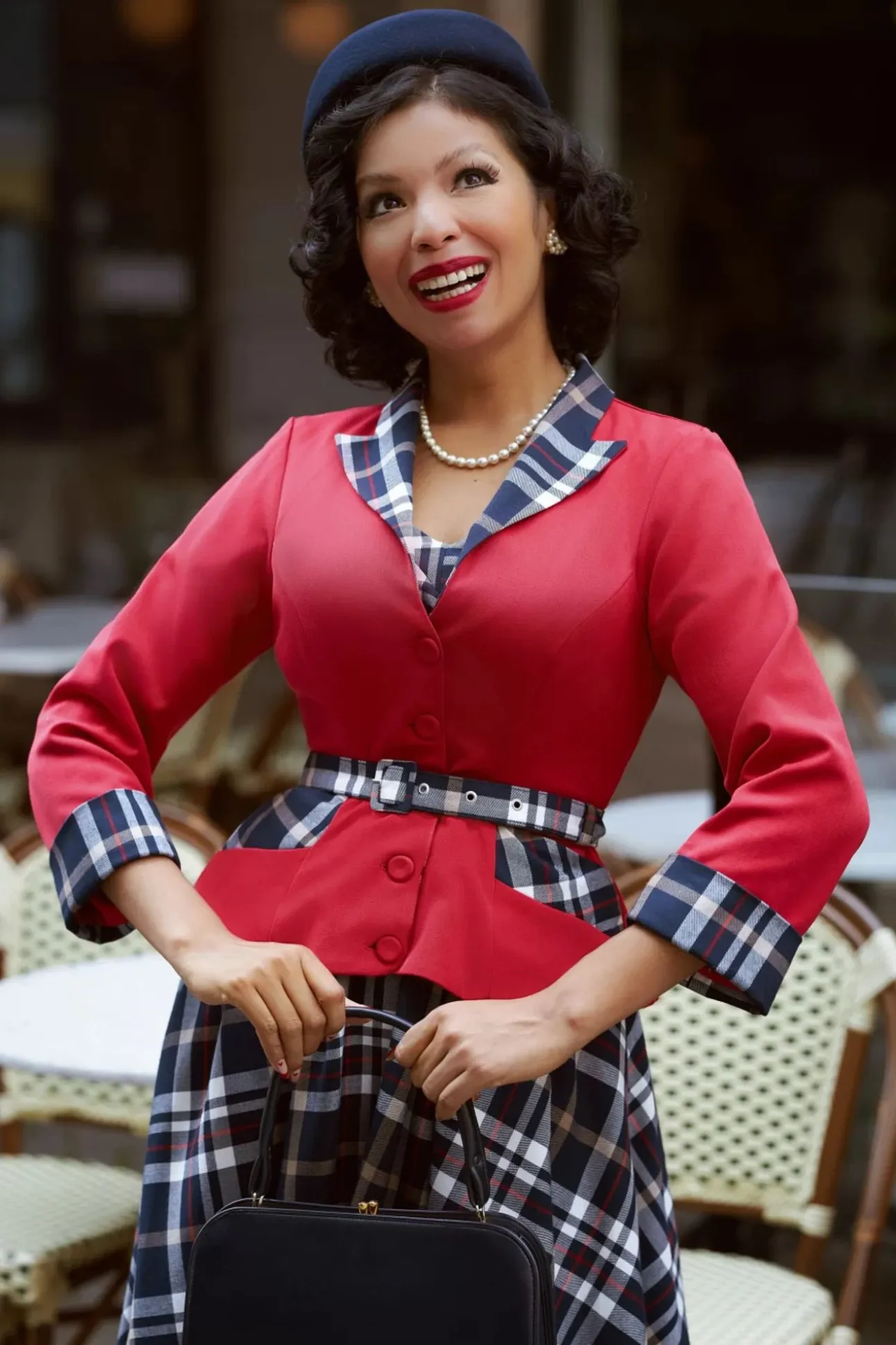 Malini Rose Tartan Blazer In Rood En Marineblauw