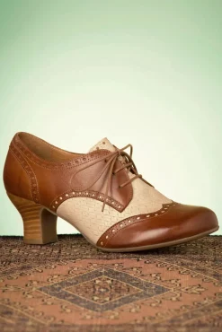 Tully Lederen Veterschoentjes In Cognac En Creme